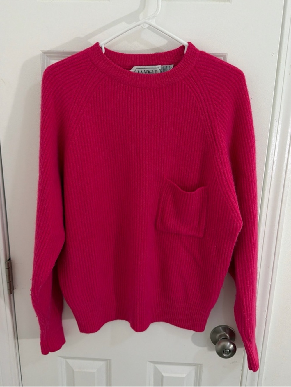 Vogue Hot Pink Ribbed Crewneck Sweater with Pocket Size Medium